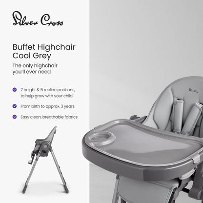 Silver Cross - Buffet Highchair - Baby Chair - Portable High Chair - Newborns to 3 years - Cool Grey