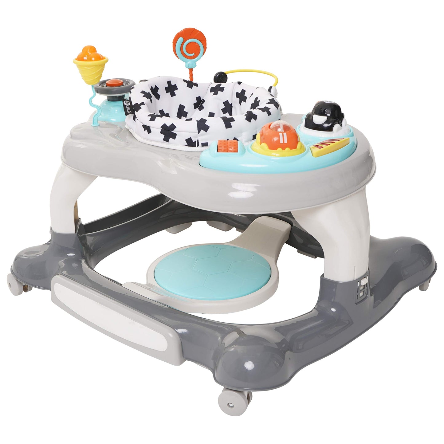My Child 4-in-1 activity walker with a roundabout design, featuring neutral colors for versatile toddler play and mobility.