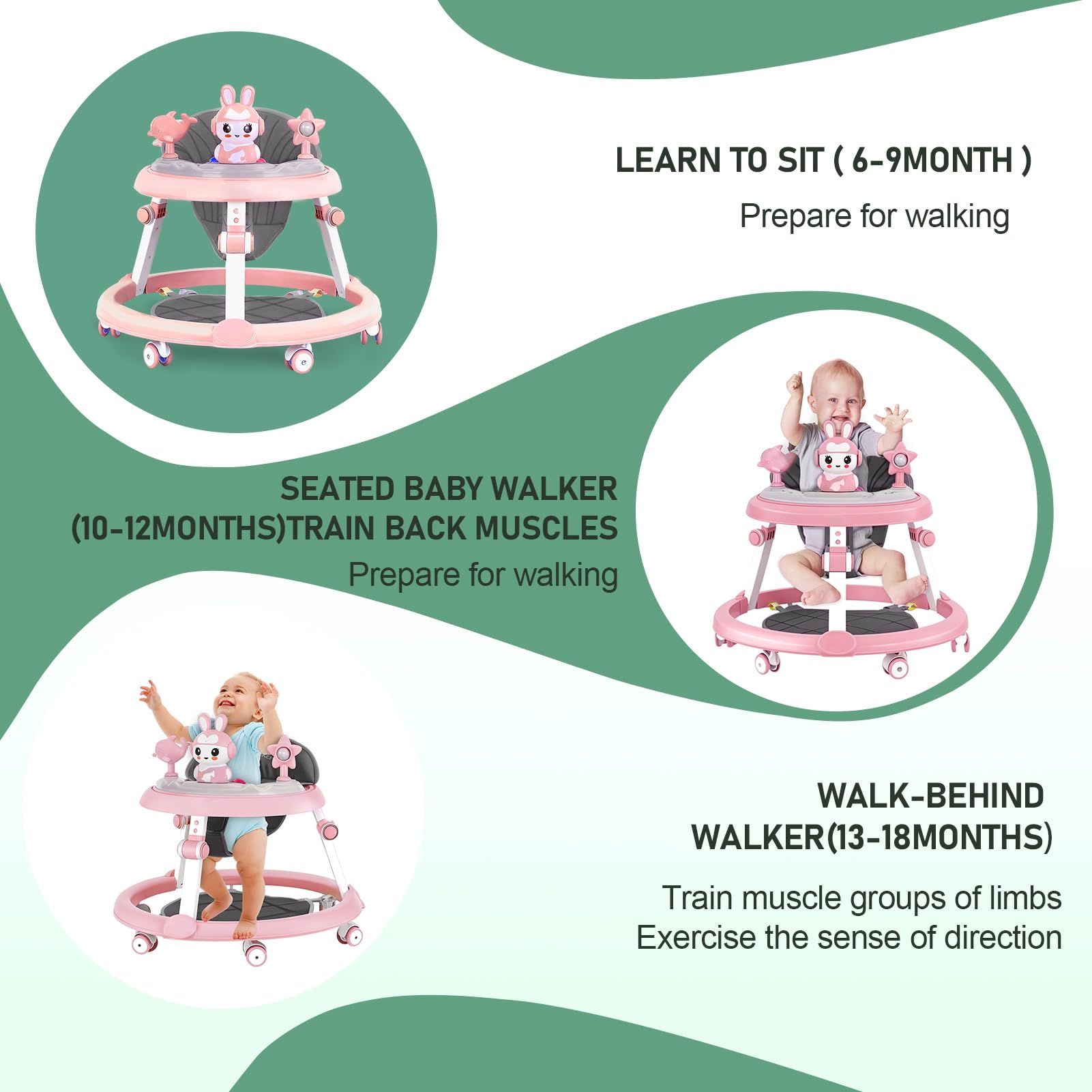 Pink height adjustable baby walker with foldable design, footrest, small toys, and music for ages 6-18 months by Autrfso.