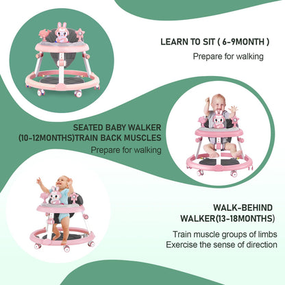 Pink height adjustable baby walker with foldable design, footrest, small toys, and music for ages 6-18 months by Autrfso.