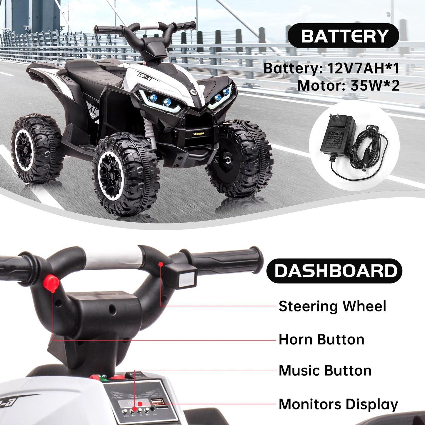 Aptliton kids electric quad bike ride-on toy with remote control, LED lights, horn, music, in white for ages 3-5.