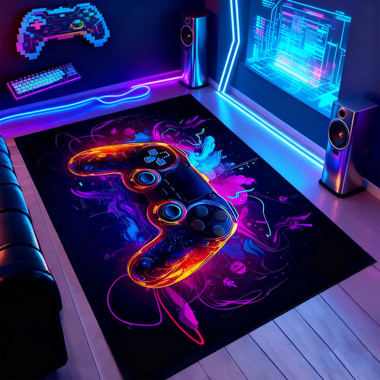 TourKing large gaming rug featuring a colorful 3D game controller design with anti-slip backing, perfect for game room decor.