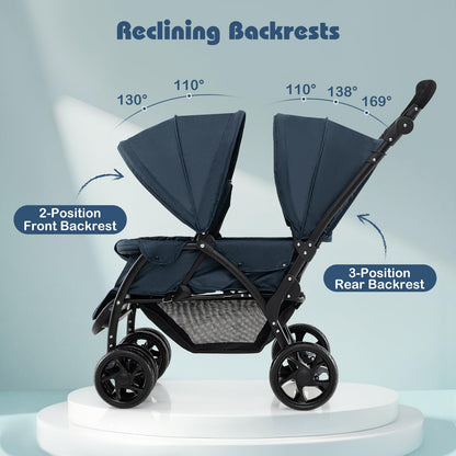 Foldable Twin Stroller, Double Baby Pushchair w/Multi-Level Backrest, Canopy, Handle & Footrest, Safety Belt & Brake System, Travel Tandem Seating Stroller w/Lockable Wheels (Dark Blue)