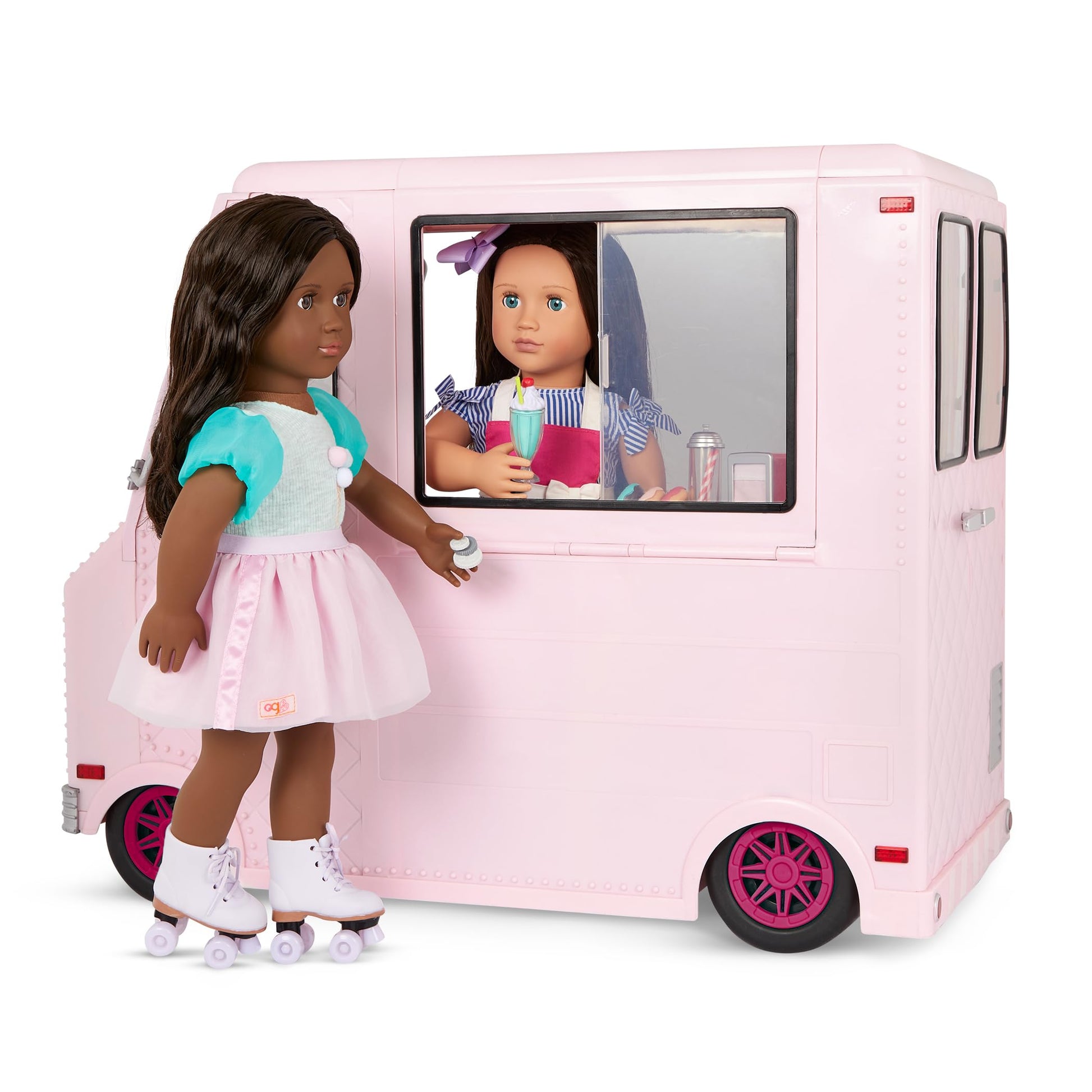 Our Generation pink ice cream truck playset for 18-inch dolls with various accessories displayed in the image.
