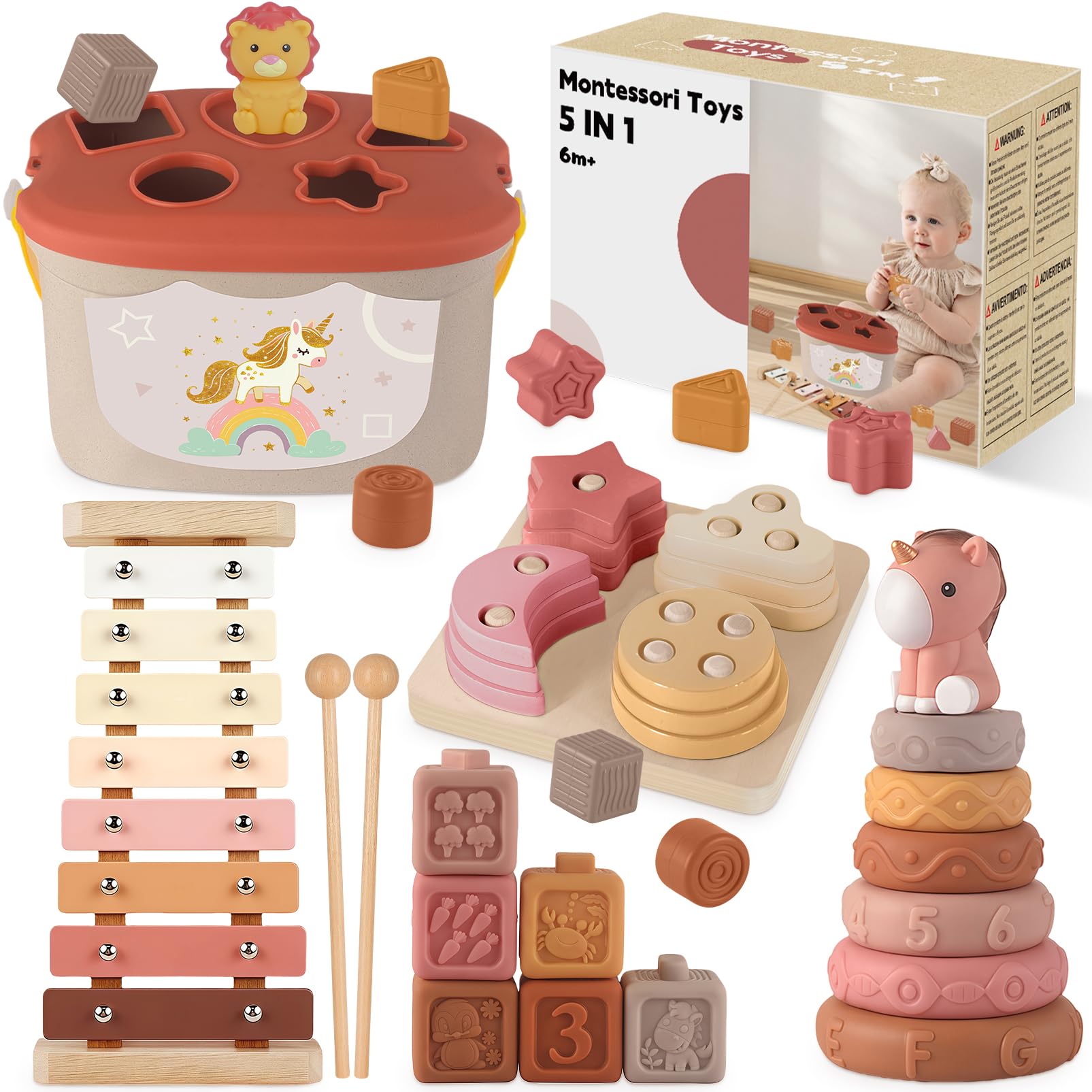 Almaxi 5-in-1 Montessori baby toy set with stacking rings, blocks, shape sorter, and xylophone for 6-12 months old boys and girls.