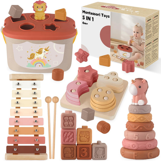 Almaxi 5-in-1 Montessori baby toy set with stacking rings, blocks, shape sorter, and xylophone for 6-12 months old boys and girls.