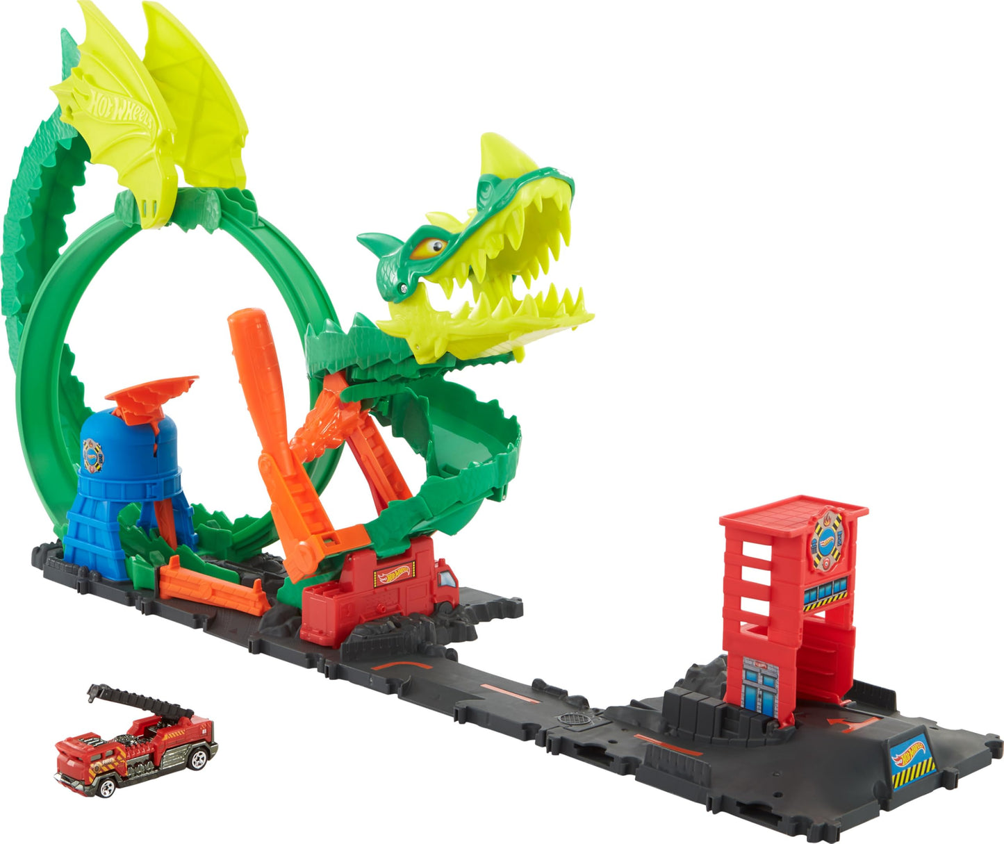 Hot Wheels Track Set with 1:64 Scale Toy Firetruck, City Fire Station with Dragon Nemesis and Track Play, Dragon Drive Firefight, HDP03