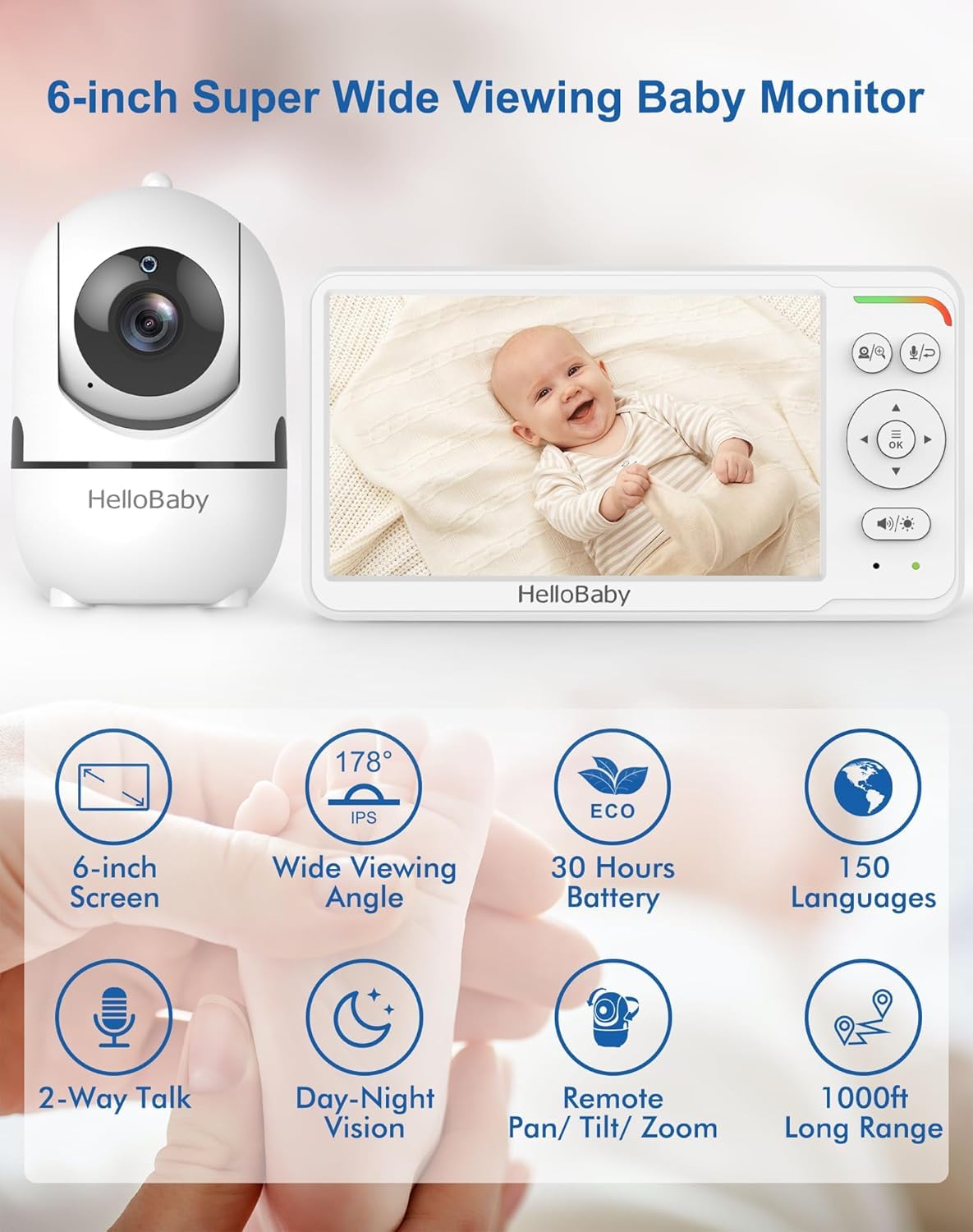 HelloBaby baby monitor with 6-inch split-screen display, camera with night vision, remote pan/tilt/zoom, and portable screen for travel