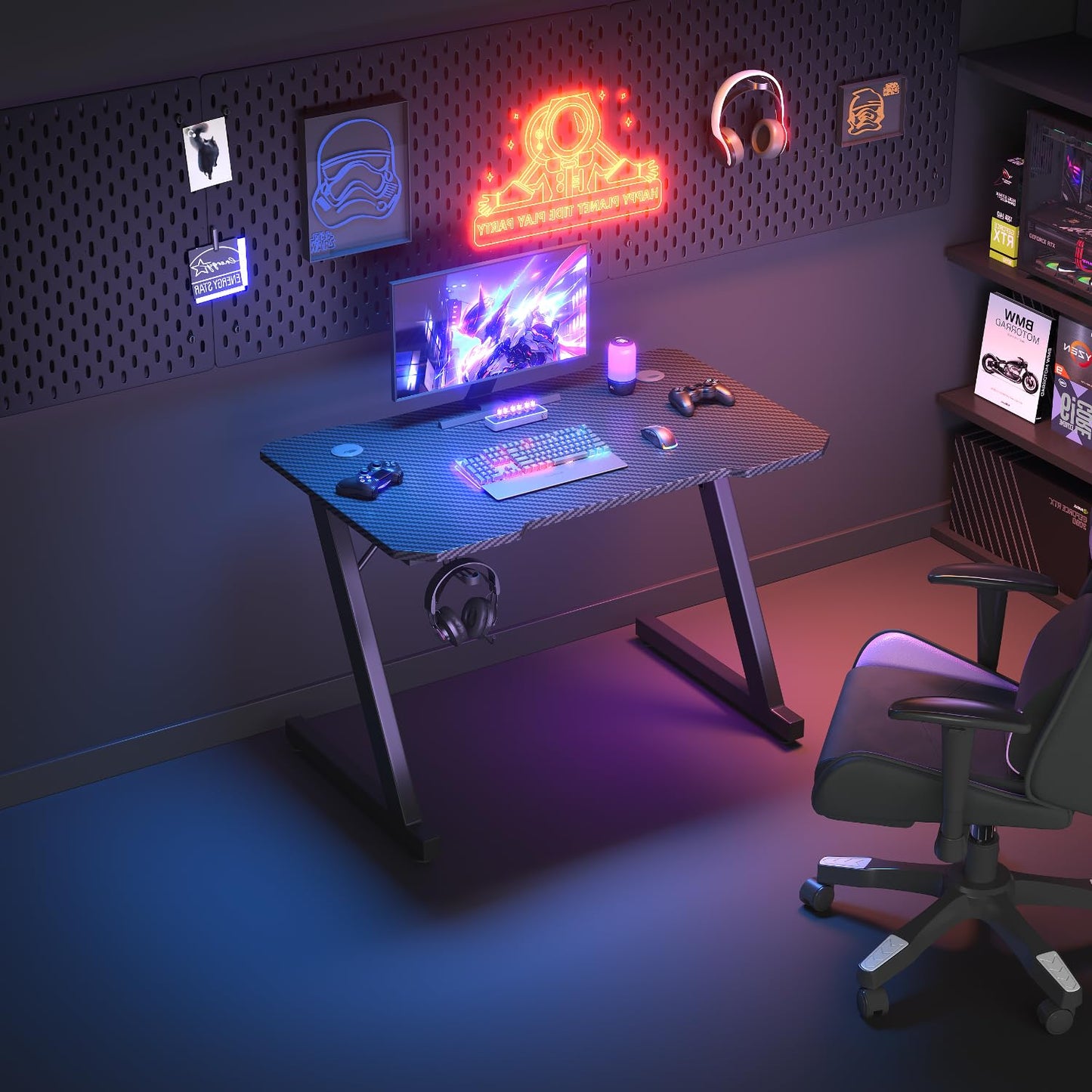JUMMICO Gaming Desk 80 x 52 cm, Gaming Table Computer Desk Z Shaped PC Gamer Desk for Home Office, Gaming Desk with Headphone Hook, Black