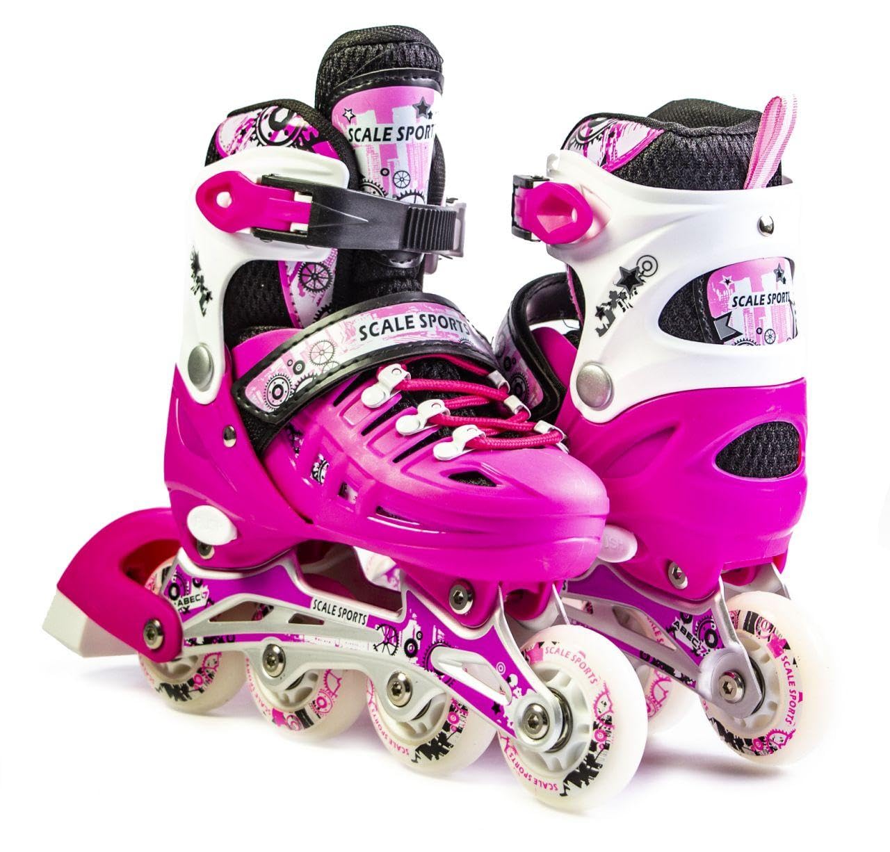 Scale Sports - Adjustuble Roller Skates with light up wheels for children and adults - Kids Inline Roller Skates (pink, UK 5-7 (EU 38-41) L)
