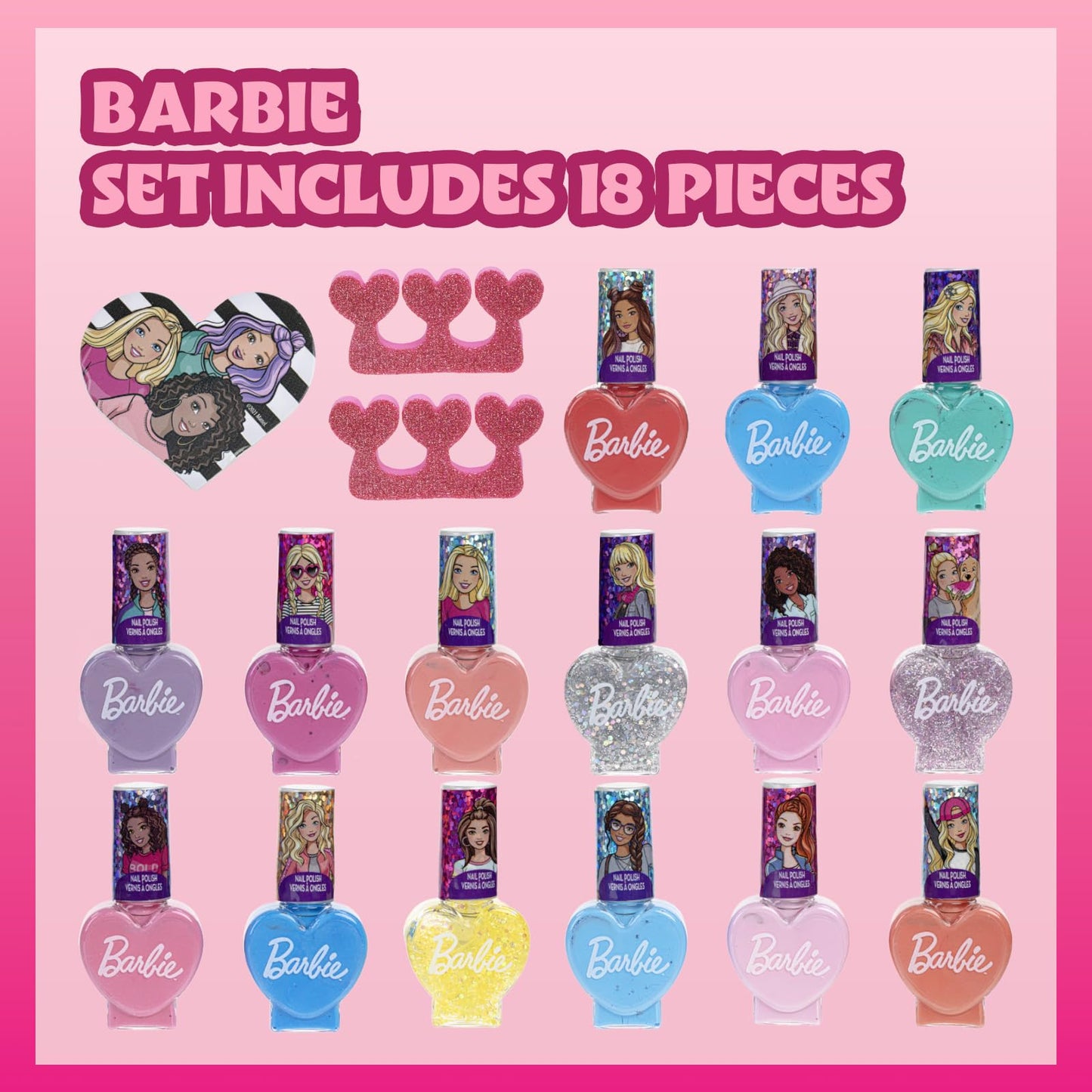 Barbie 18 Piece Set Kids Water Based Nail Polish Makeup Set, Includes 15 Nail Polishes with 2 Toe Spacer and 1 Nail File for Girls Ages 3+ by Townley Girl