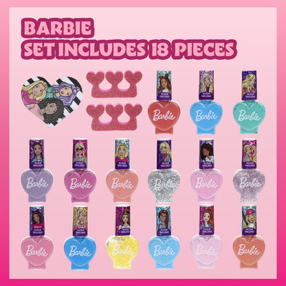 Barbie 18 Piece Set Kids Water Based Nail Polish Makeup Set, Includes 15 Nail Polishes with 2 Toe Spacer and 1 Nail File for Girls Ages 3+ by Townley Girl