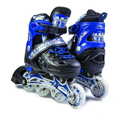 Scale Sports - Adjustuble Roller Skates with light up wheels for children and adults - Kids Inline Roller Skates (black-blue, UK 5-7 (EU 38-41) L)