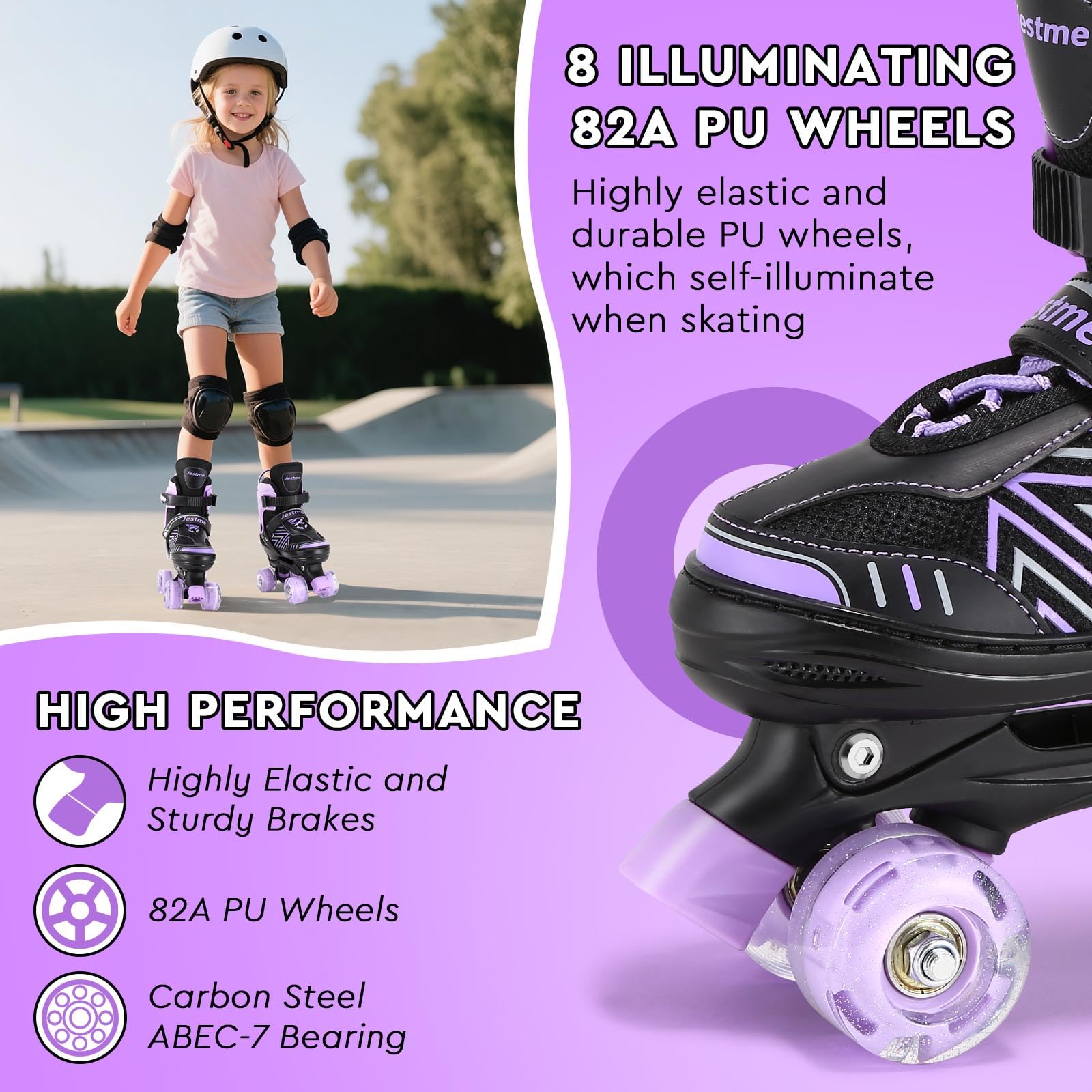 Jestme kids roller skates for girls and boys with adjustable size, featuring 8 light-up wheels for indoor and outdoor skating.