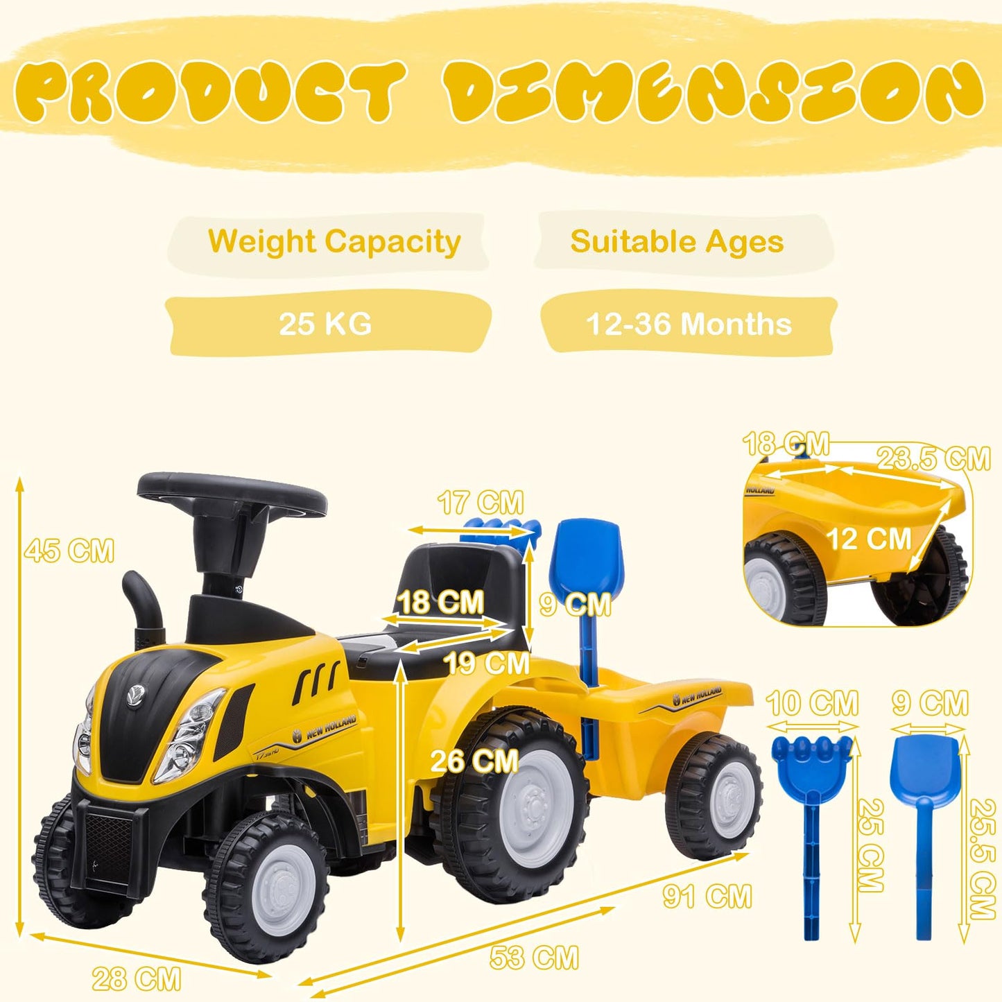 NINODOVAE Ride On Tractor, NEW HOLLAND Licensed car toy, Toddler Sliding Walker with Steering Wheel, horn music&lights for 12-36 months (Yellow)