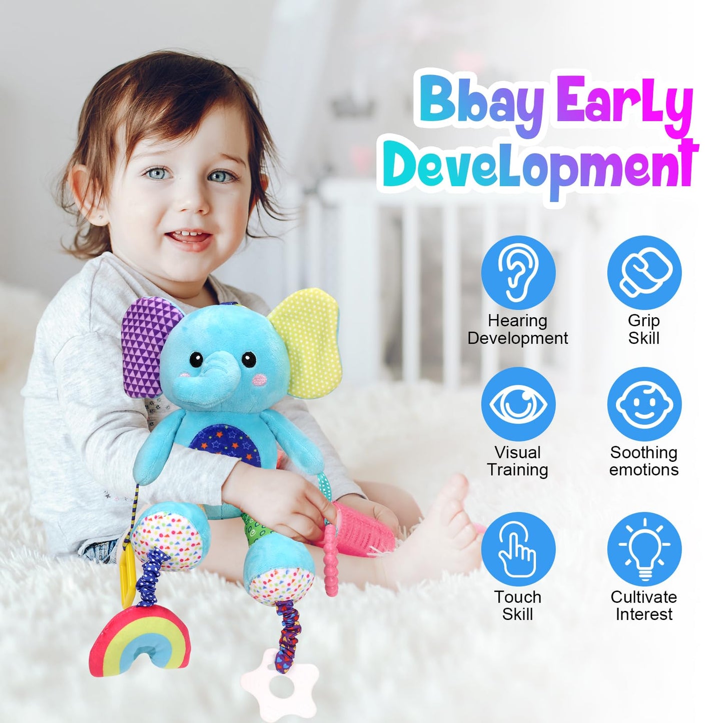 Venditer baby pram toy, plush sensory rattle clip for car seats and strollers, suitable for newborns 0-6 months.