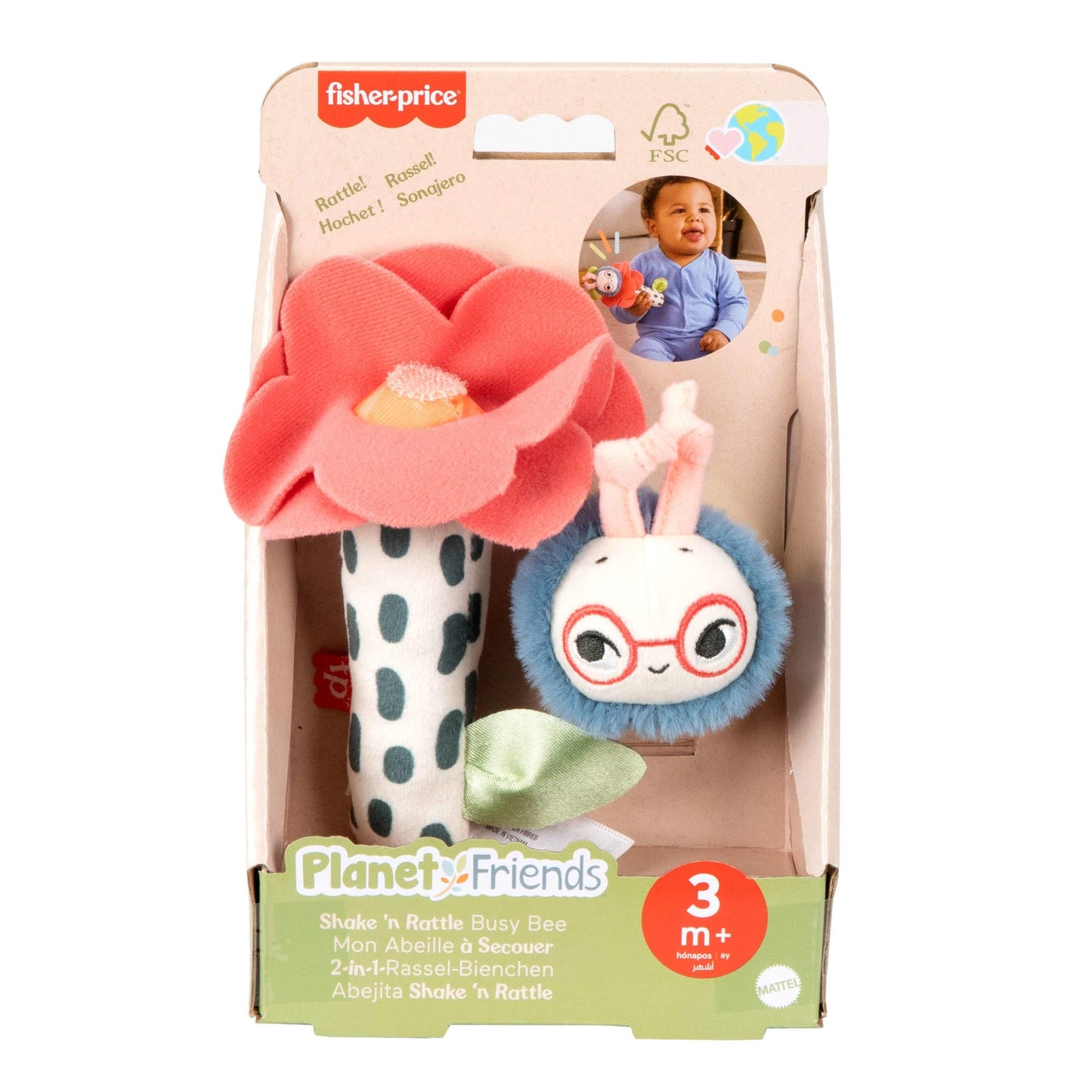 Fisher-Price Baby Toys Planet Friends Shake ‘n Rattle Busy Bee plush set for newborns, featuring colorful sensory toys for infants 3+ months.
