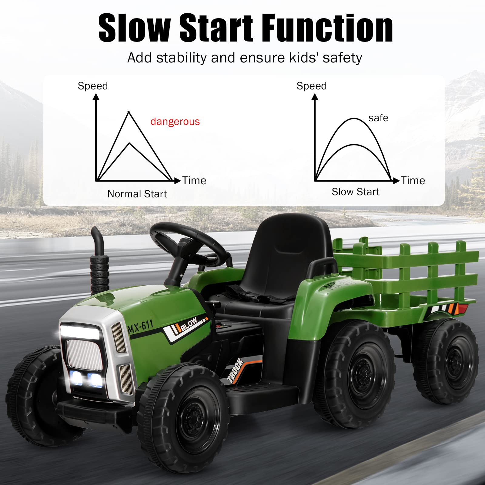 COSTWAY dark green 12V ride-on tractor with trailer for kids, featuring LED lights, remote control, USB, Bluetooth music, four wheels