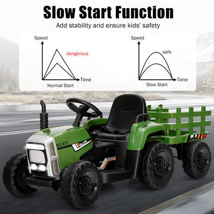 COSTWAY dark green 12V ride-on tractor with trailer for kids, featuring LED lights, remote control, USB, Bluetooth music, four wheels