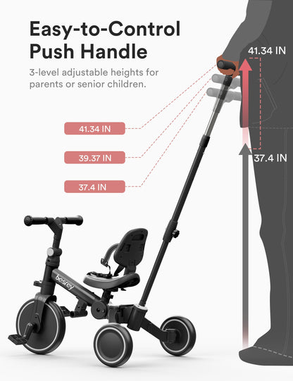 Black besrey toddler bike with parent-controlled push handle, removable pedals, and adjustable seat for 1-3 years old.