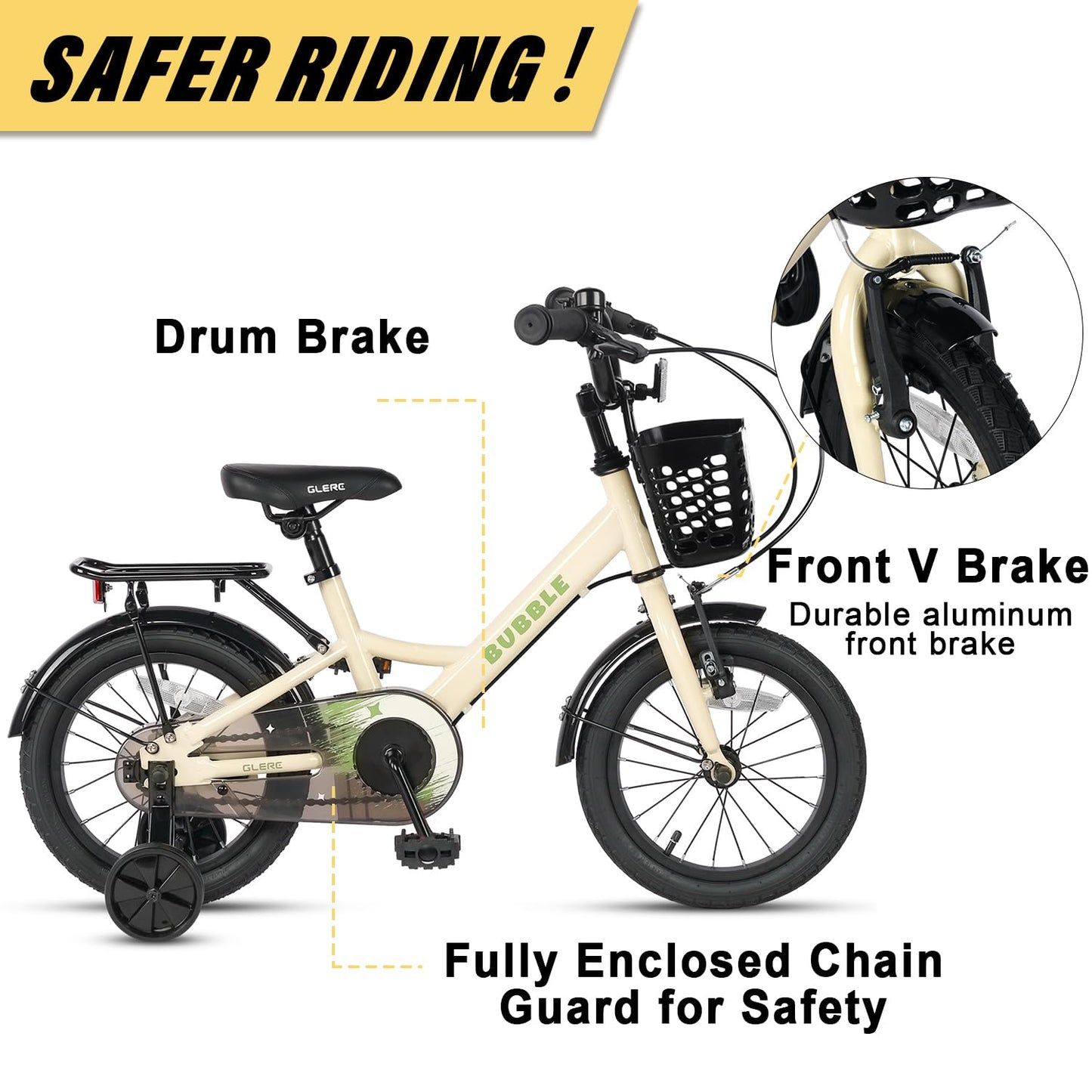 Beige Glerc Bubble 14-inch kids bike with basket, stabilisers, and rear rack for boys and girls aged 3 to 6 years.