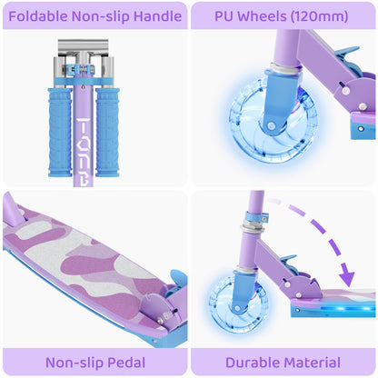 Scooter for Kids Ages 5-12 TONBUX Folding 2 Wheel Kids Scooter with Light Up Wheels & Stem & Deck, 3 Adjustable Height Handle, Lightweight Portable Kick Scooters for Girls Boys Toddler, up to 50kg