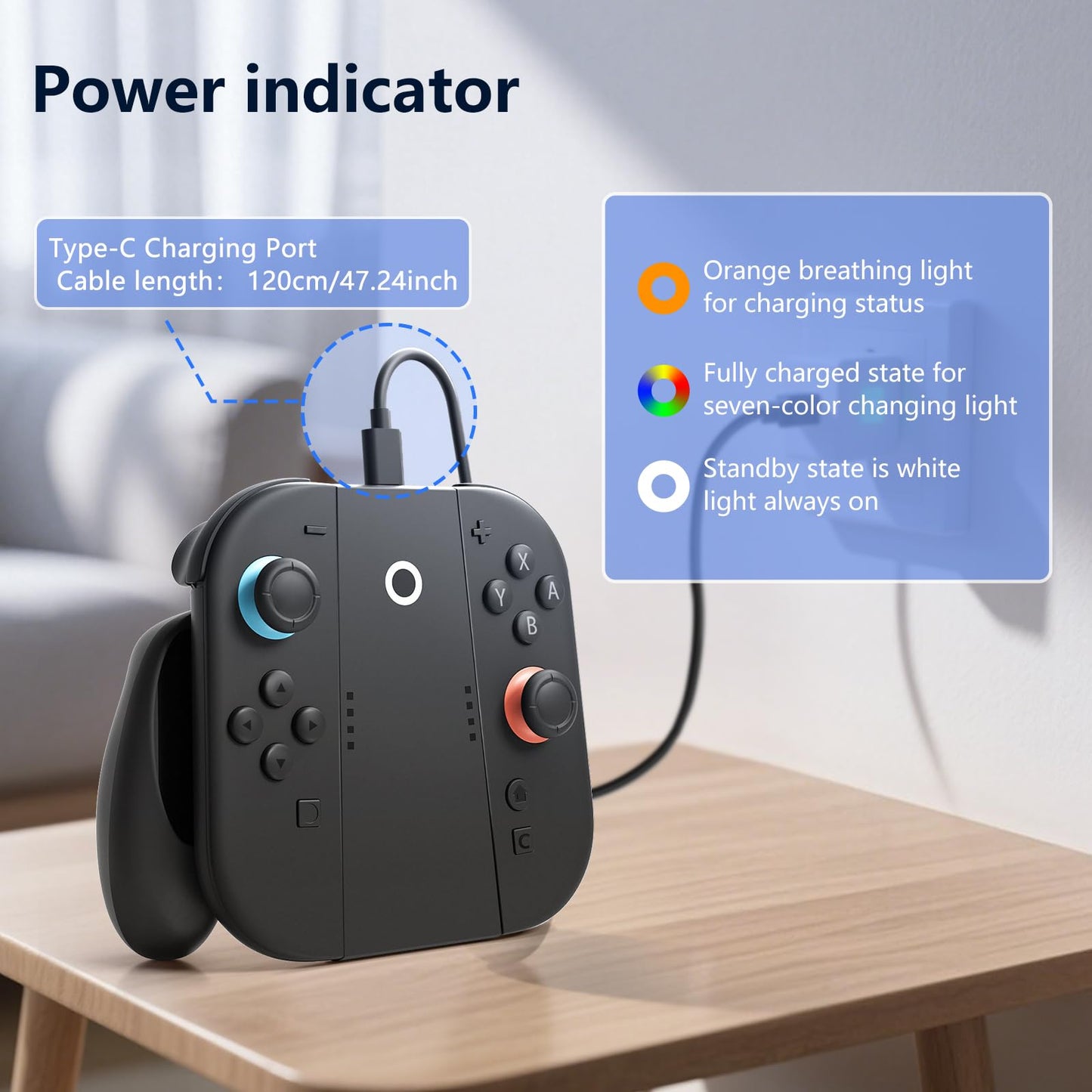 CloudValley Joy-Con Charging Grip for Nintendo Switch 2 shows ergonomic handle grip with USB-C cable for charging and gameplay.