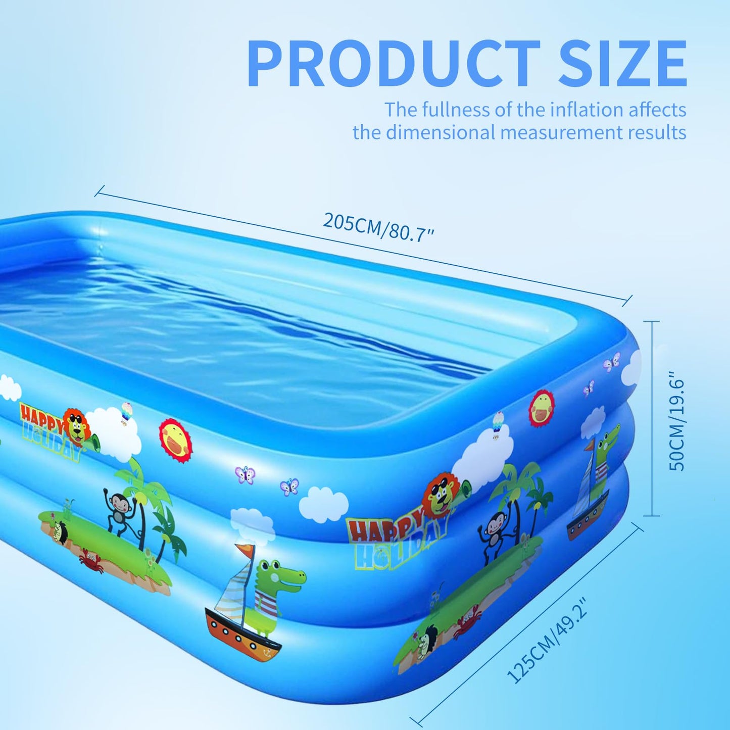 GALAXYER Inflatable Paddling Pool with Cartoon Prints, 3 Rings Large Rectangular Family Swimming Center for Kids Toddlers Adult, Indoor Outdoor Garden Swimming Pool, 205 × 125 × 50 CM