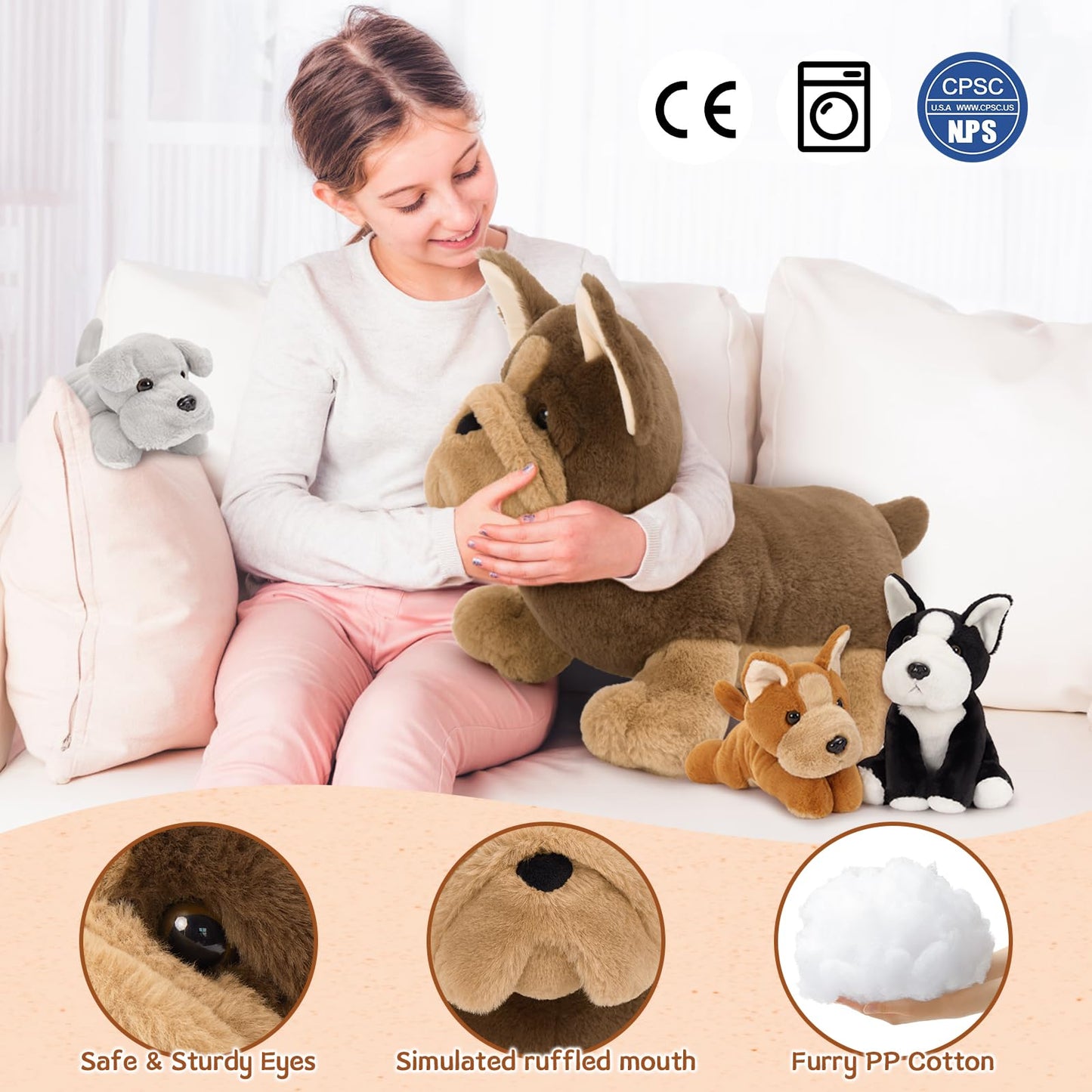 MorisMos Giant 45cm Dog Soft Toy with 3 Cuddly Puppies Baby Inside, Big Fluffly French Bulldog Plush, Realistic Kawaii Dog Teddy Gift for Kids Birthday Christmas Deco