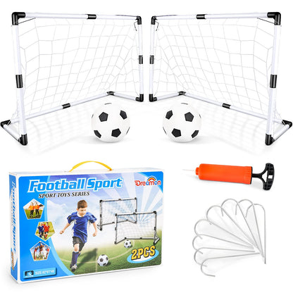Dreamon set of 2 kids football goal post nets with soccer ball pump, suitable for indoor and outdoor soccer training and play.