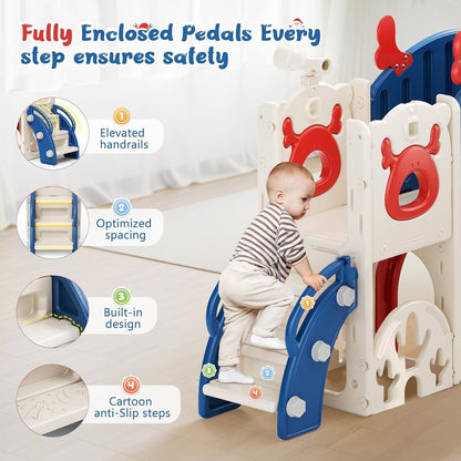 Kids Slide,Indoor Thickened Widened toddler slide with basketball hoop, climbing frame for the garden,storage space slide ((7-in-1 Elk Slide-Blue and Red))