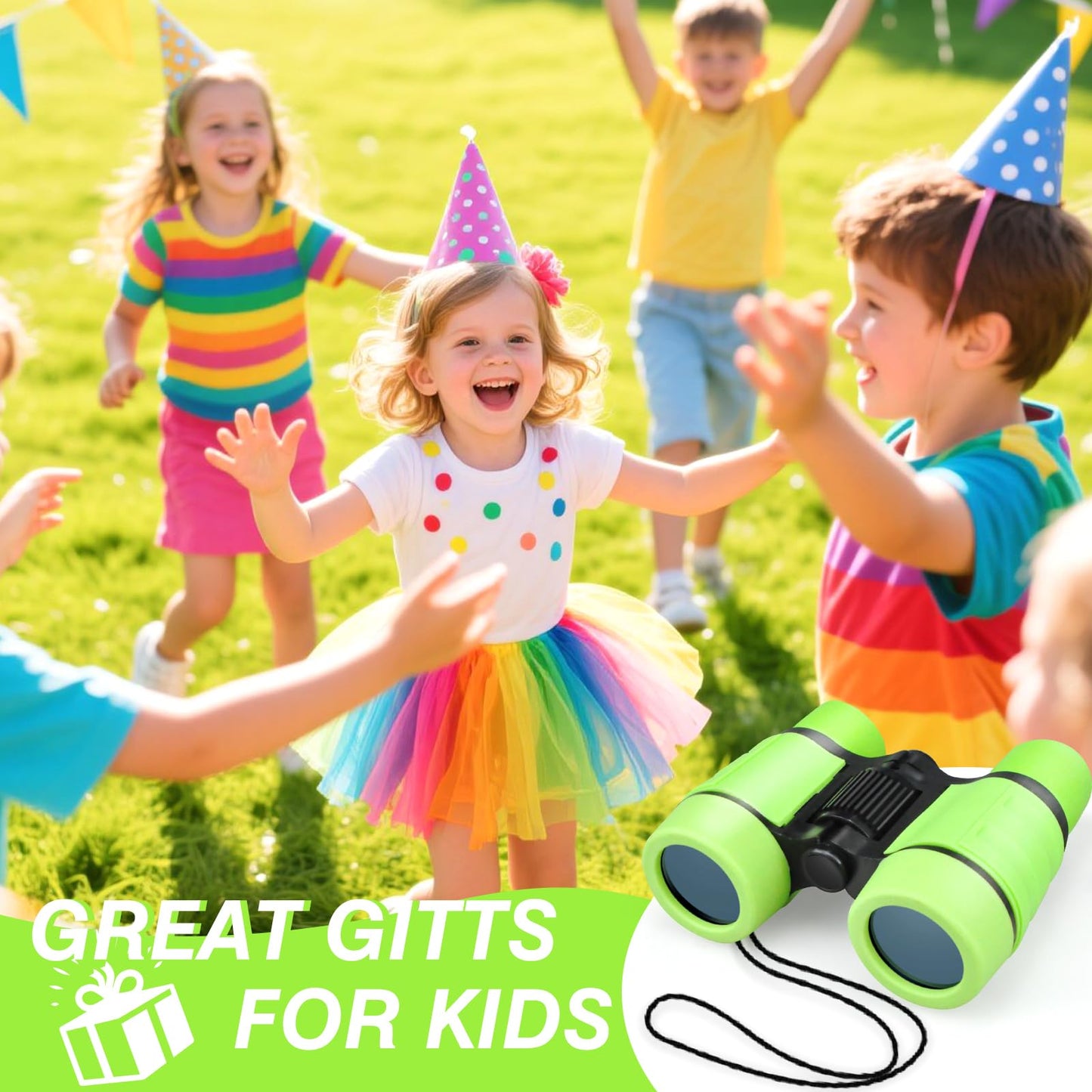Green toy binoculars for kids by CARROUSEL, 4x30 high-resolution children’s binoculars for outdoor play and exploration.
