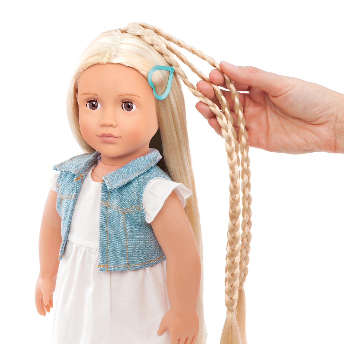 Our Generation Phoebe fashion doll, 46 cm, with complete outfit, accessories, hair extensions, and comb for kids' playtime.