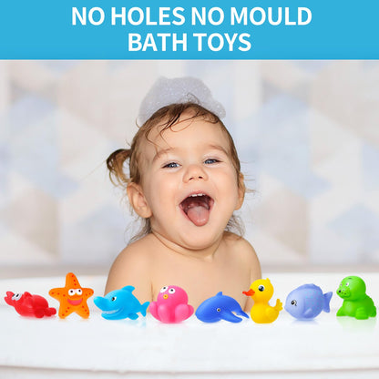 No Hole No Mould Baby Bath Toys - 9PCS Mould Free Bath Toys for 1 2 3 4 Year Olds Toddler Kids Sea Animals Rubber Bath Duck without Holes Swimming Pool Toys Water Play Toys for Boys Girls Children