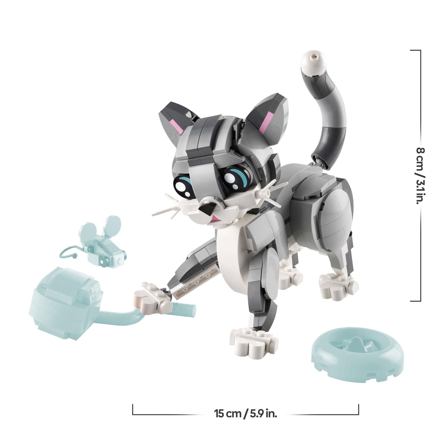 LEGO Creator 3in1 playful cat toy set, featuring a cat, pigeon, and dog models for creative building fun.