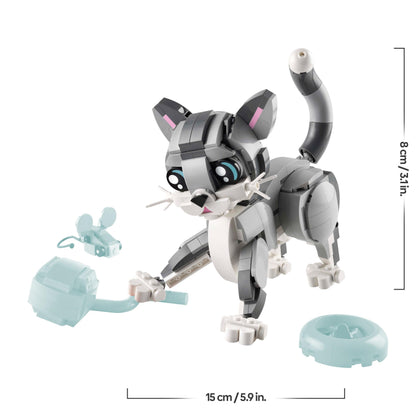 LEGO Creator 3in1 playful cat toy set, featuring a cat, pigeon, and dog models for creative building fun.