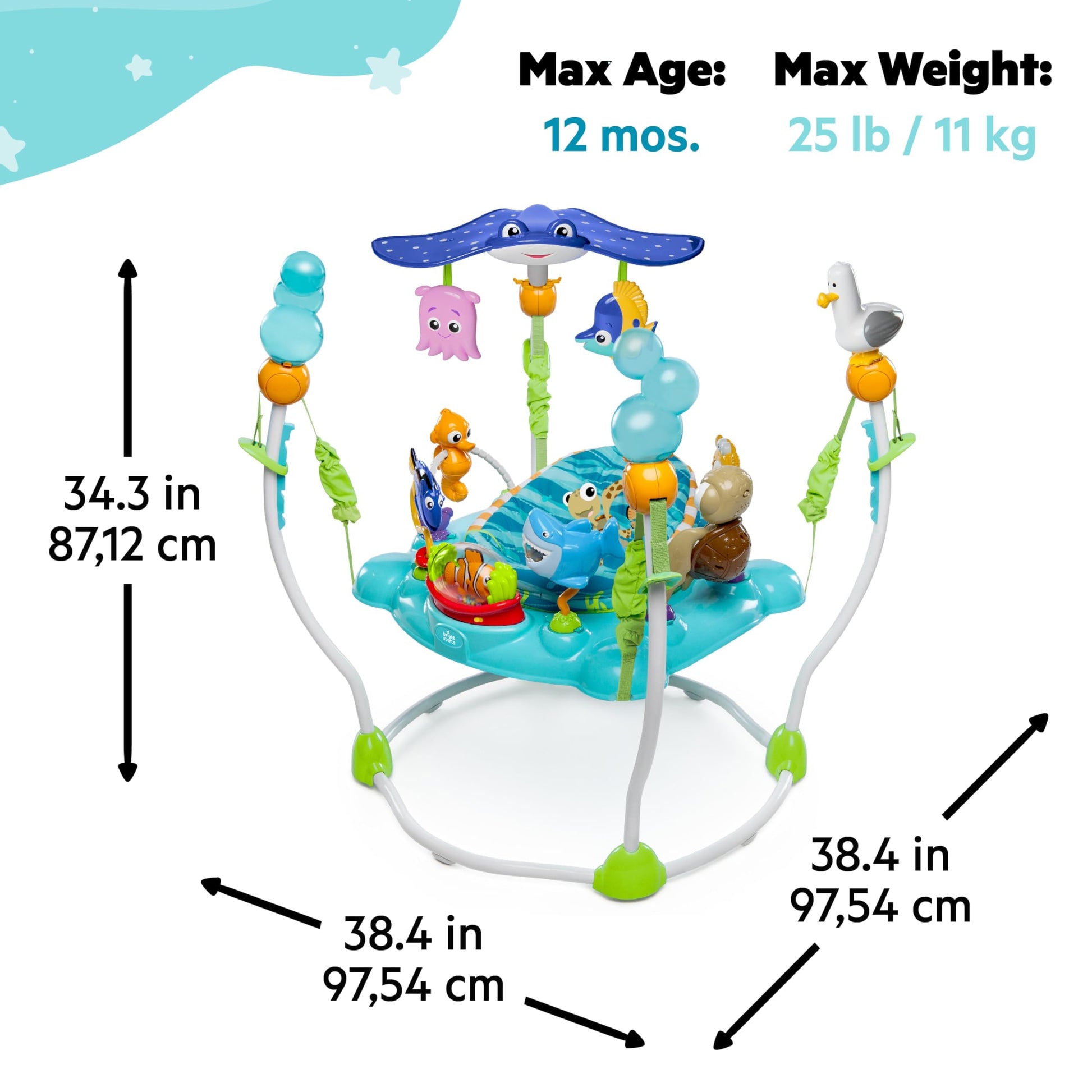 Bright Starts Disney Baby Finding Nemo Sea of Activities Jumper with 13 activities, lights, music, ocean sounds, and 360° rotation.