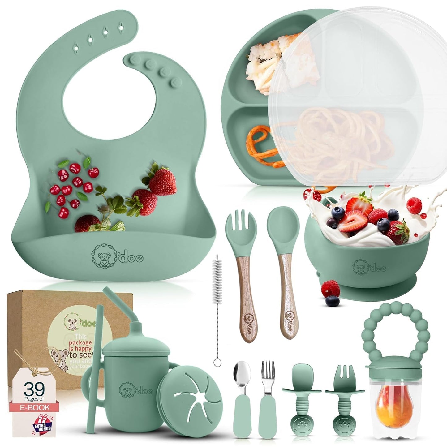 O'doe 17-Piece Baby Led Weaning Feeding Supplies for Toddlers,Baby Feeding Set | Suction Silicone Baby Bowl Self Eating Utensils with Fruit Feeder, Cup, Bibs, Food Plate Kit with Lid | Green V2