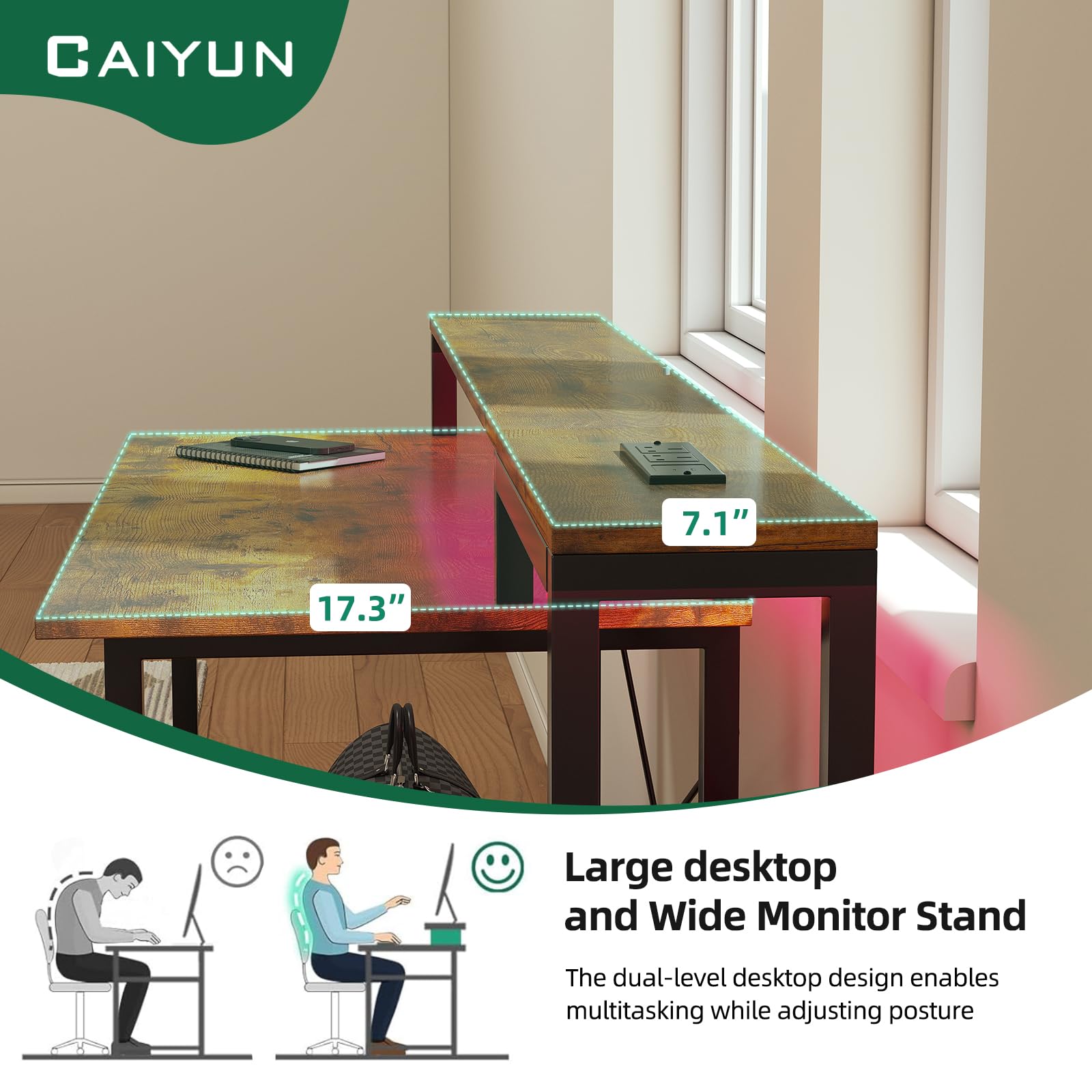 CAIYUN brown 48-inch computer desk with printer stand, adjustable LED, power outlets, monitor riser, ideal for study or office work.