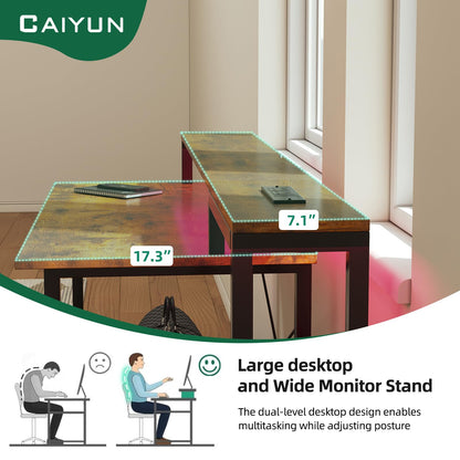 CAIYUN brown 48-inch computer desk with printer stand, adjustable LED, power outlets, monitor riser, ideal for study or office work.