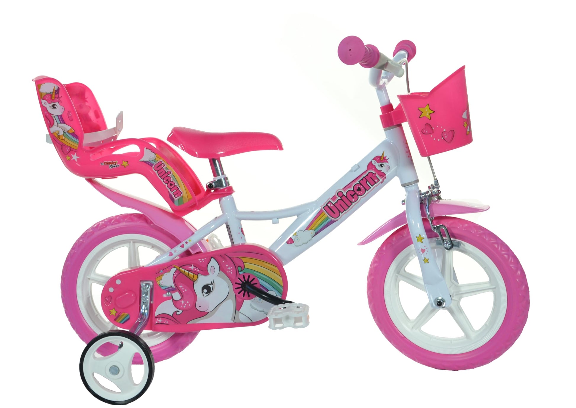 Dino Bikes 124RL-UN Unicorn 12-inch children's bicycle with white and pink frame, training wheels, and colorful unicorn design