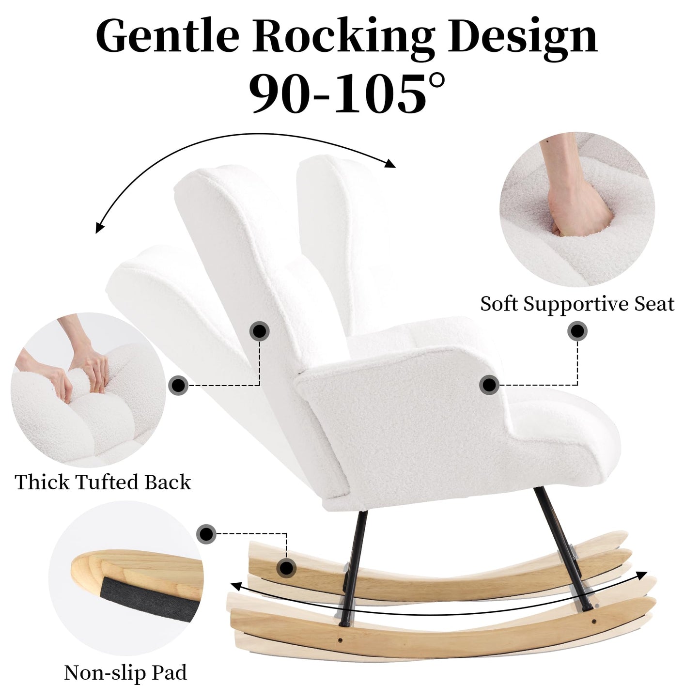 Aunekiv Rocking Chair for Nursery, Teddy Upholstered Glider Nursing Chair for Adults, Comfy Rocking Armchair Indoor for Living Room Bedroom, White