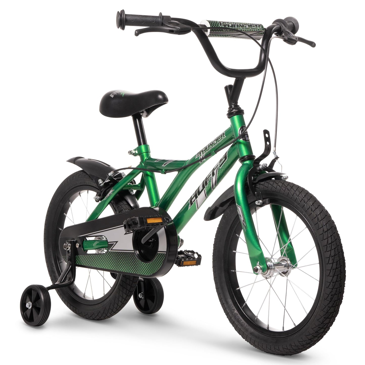 Huffy Pro Thunder 16-inch Kid's Bike, aged 5-7 years, Green, Removable Stabilisers, Chainguard, Front and Rear Mudguards, Dual Caliper Brakes