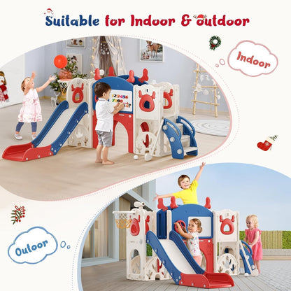 Kids Slide,Indoor Thickened Widened toddler slide with basketball hoop, climbing frame for the garden,storage space slide ((7-in-1 Elk Slide-Blue and Red))