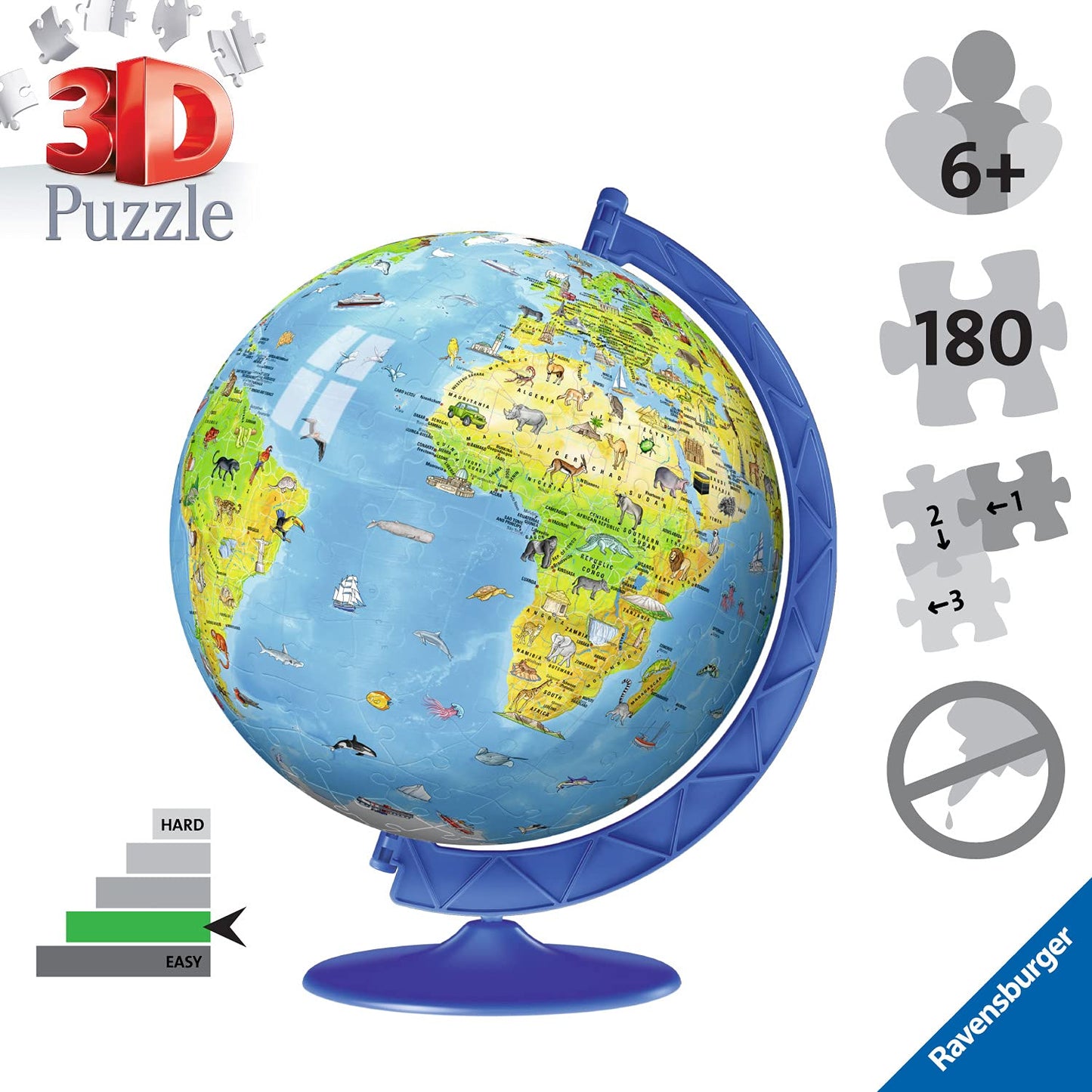 Ravensburger Children's World Globe 3D Jigsaw Puzzle for Kids age 6 Years Up - 180 Pieces - No Glue Required - Educational Gifts for Children