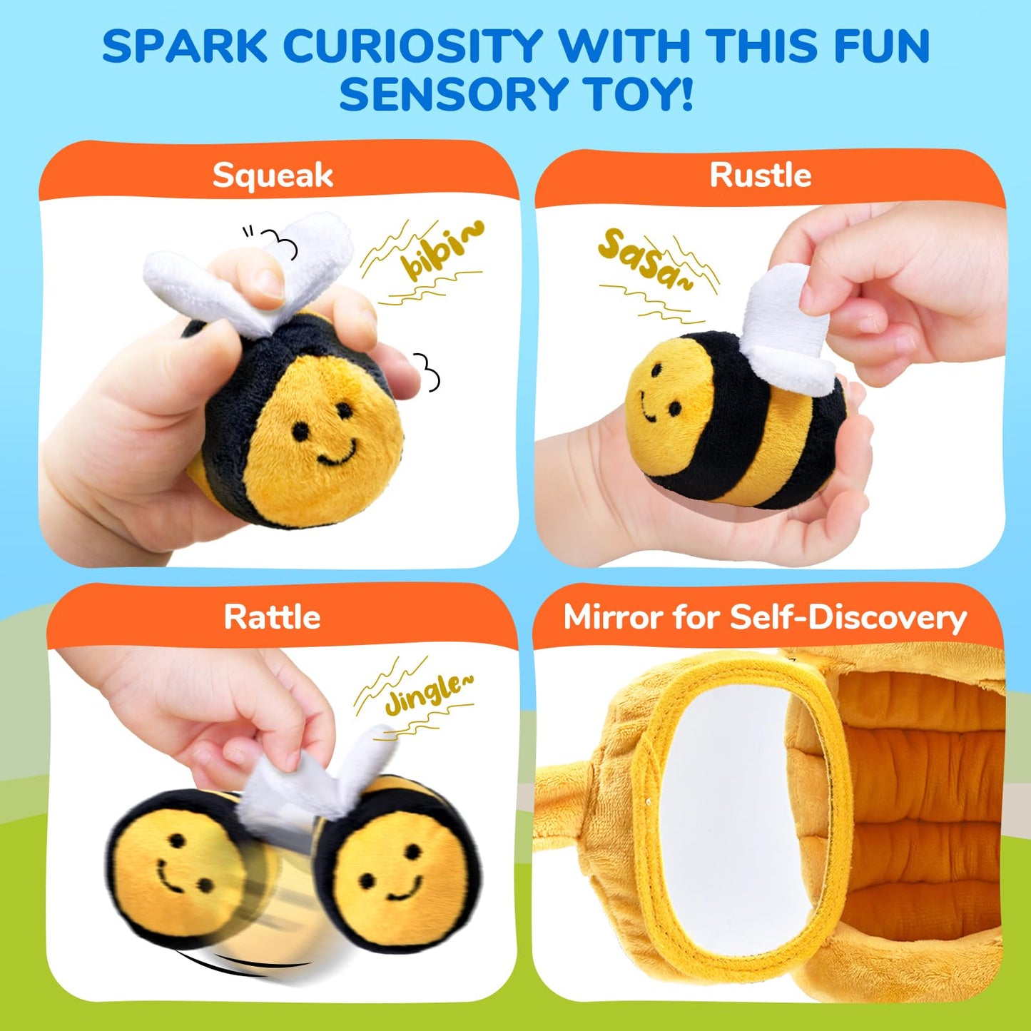JoyCat Baby Toys 6-12 Months - Soft Baby Beehive with 5 Sensory Bees - Rattle, Crinkle Paper, Squeaker, Mirror, Busy Montessori Sensory Toys for Toddlers 0-3 Years Old - Gifts for Babies