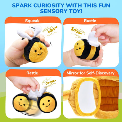 JoyCat Baby Toys 6-12 Months - Soft Baby Beehive with 5 Sensory Bees - Rattle, Crinkle Paper, Squeaker, Mirror, Busy Montessori Sensory Toys for Toddlers 0-3 Years Old - Gifts for Babies
