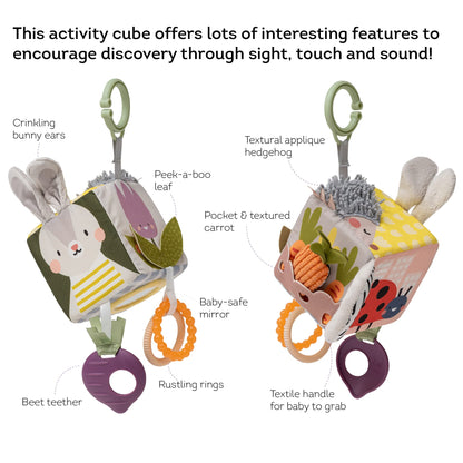 Taf Toys Urban Garden Activity Cube Sensory Baby Hanging Toy. Includes Teether, Baby Safe Mirror, Padded Handle, Chime Bell. Clips on Cot, Pram or Car Seat. Suitable for Boys & Girls 0 month +