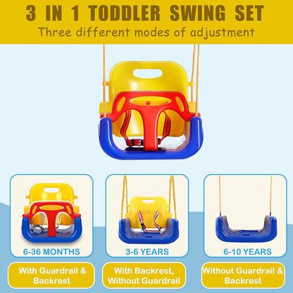 FCOUMY 3-in-1 toddler swing set with baby seat, suitable for outdoor or indoor garden use, heavy-duty kids' outdoor swing.