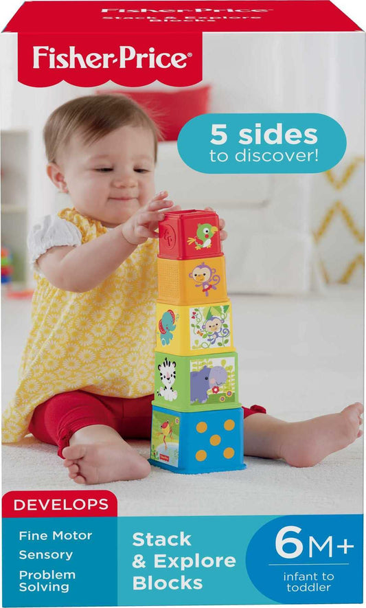 Fisher-Price Stack & Explore Blocks, Set of 5, Baby Stacking and Nesting Toys, for Infants Ages 6 Months and up, CDC52